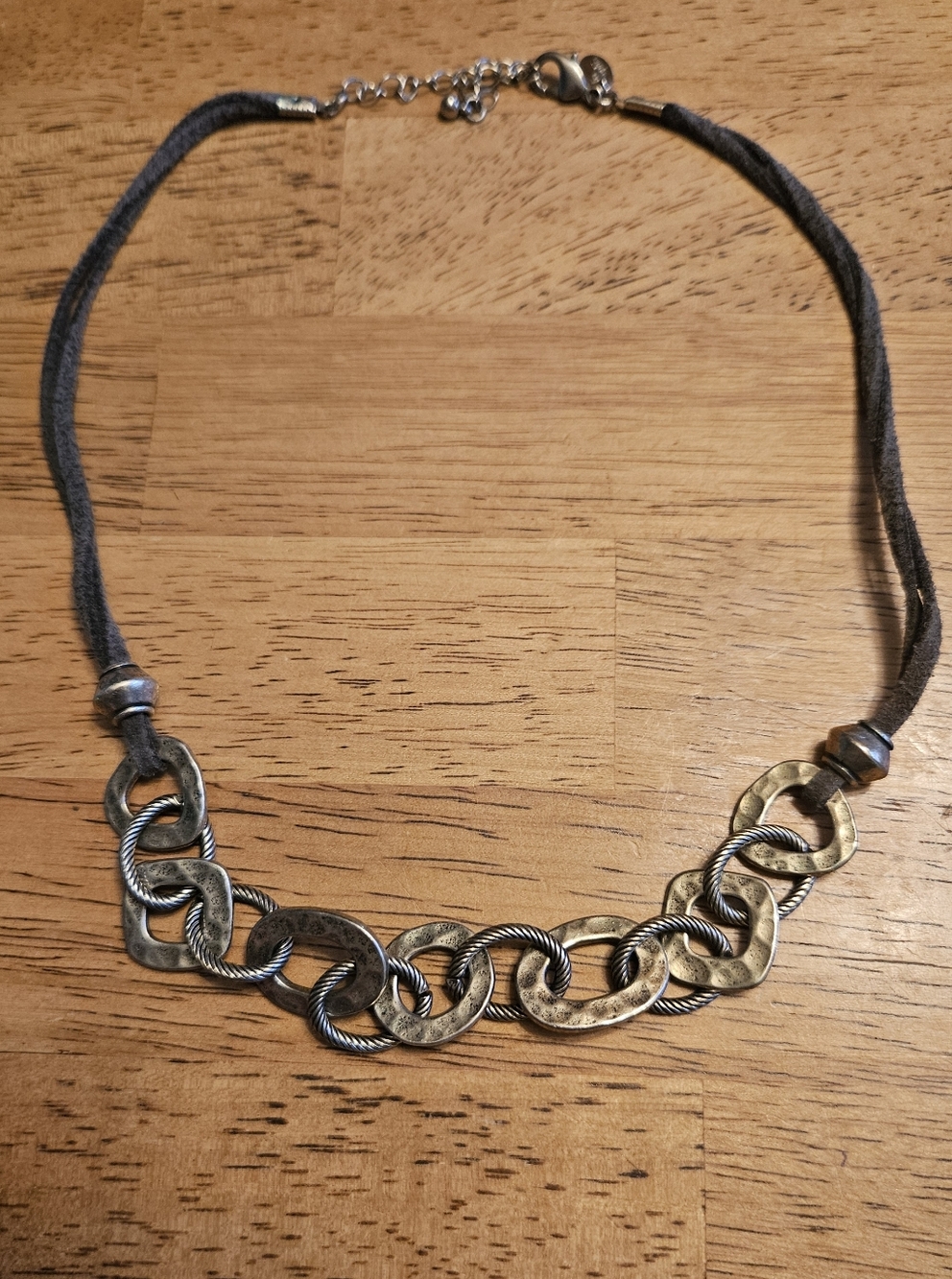 Vintage Lia Sophia Mixed Metal Link Necklace On Leather Strap